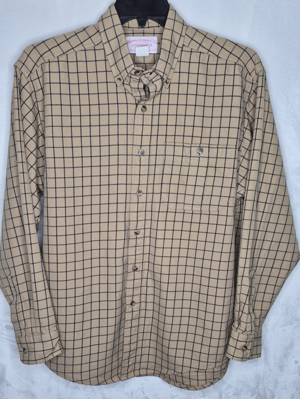 Filson Tan Windowpane Plaid 100% Virgin Wool Button‎ Down Shirt L